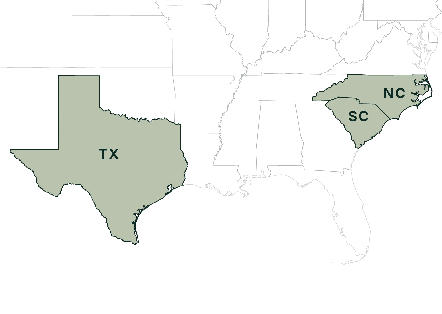 Regional map highlighting Texas, North Carolina and South Carolina